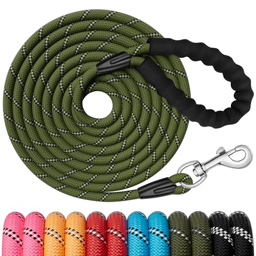 Training Dog Leads, 10M(30ft) Strong Rope Long line Dog Lead Leash with Soft Padded Handle and Heavy Duty Hook, Reflective Recall Training Leads for Large Medium Small Dog, Army Green