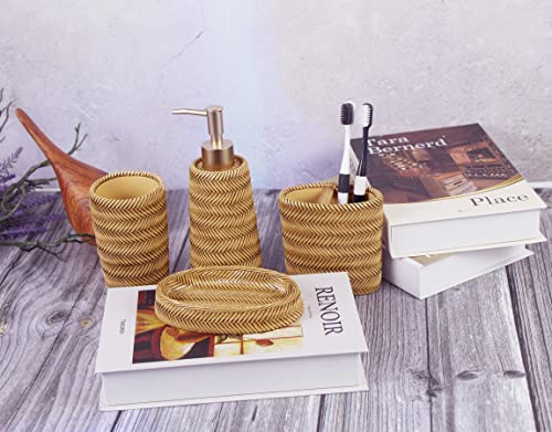 Hymmah Bamboo Design Bathroom Accessories Set,Toothbrush Holder,Farmhouse Bathroom Decor,4 Pcs Resin Gift Set Apartment Necessities, Contain Toothbrush Cup,Soap Dispenser,Tumbler #TOP5