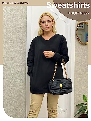 Ofeefan WHD3043CSA0013U0701 Womens Long Sleeve Shirts V Neck Loose Pockets Tunic Sweatshirts Black M thumb #1