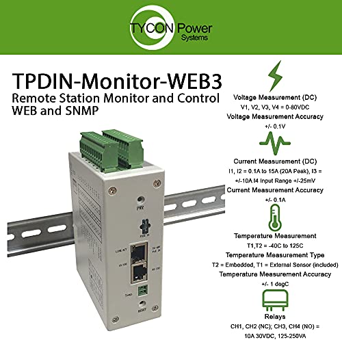 Image of Tycon Power Systems TPDIN-Monitor-WEB3 Remote Station Monitor and Control Web and SNMP Access Monitor 4 Voltages, 4 Currents, 2 Temperatures, and use 4 Relays for Power Control