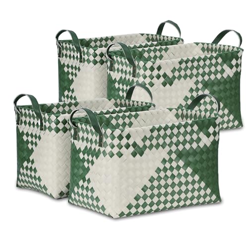 Image of BROWNLILY Handwoven Clothes Basket Laundry Hampers Large Wicker Storage Baskets for Shelves Blankets Closet Storage Bins Car Bedroom Bathroom Organizers and Storage Bath (Pack of 4, Green&White)