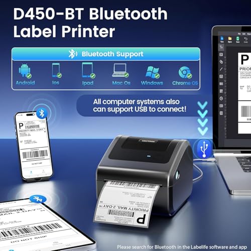 Image of Bluetooth Shipping Label Printer with 3 Roll Labels | D450BT Thermal Label Printer 4x6 with Built-in Label Bin, Thermal Printers Come with 750PCS 4x6 Labels (250 Labels /Roll)