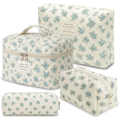 KELAV Set di 4 Beauty Case, Necessaire da Viaggio in Cotone Trapuntato a Fiori Grandi con Zip, Borsetta Cosmetici Capiente per Trucco, Igiene, Accessori
