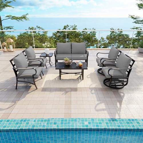 Image of 7 Pieces Patio Conversation Sets, All-Weather Metal Swivel Rocking Chairs with Rope Furniture Set, Outdoor Sofa Couch for Deck, Porch, Garden, Backyard, Poolside (Gray Cushions)