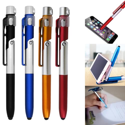 Image of ZORBES 4Pcs Multifunction Stylus Pen for Phone with Folding Stand, Retractable Ballpoint, LED Light Compact 4-in-1 Tool for Tech Enthusiasts and Professionals Portable Desk Pen and Phone Holder