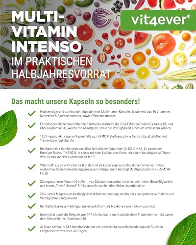 vit4ever Premium Multivitamin A-Z - 365 hochdosierte Kapseln mit 26 Bioaktiv-Formen & Markenrohstoffe - Vitamine + Mineralien - All In One Komplex - Vegan – Bild 3