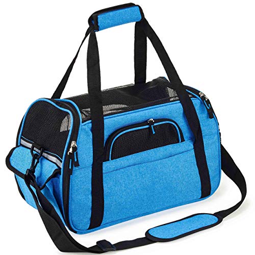 PETTOM Transportbox für Hunde und Katzen, faltbar, wasserdicht, mit Schultergurt, weich gepolstert, für Reisen im Flugzeug, Auto oder Zug, für Haustiere (Blau, L: 47 * 23 * 28 cm)