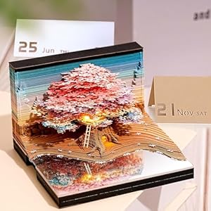 3D Desk Calendar 2026 Memo Pad with Light, 2026 Time Piece Calendar 3D Tree House Life Calendar Notepad DIY Paper Carving Art Craft Gift for Christmas New Year Office/School Desktop Decoration
