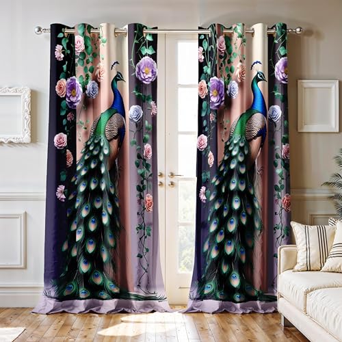 Image of Ultimate Trends Room Darkening Digital Printed Peacock Prints Curtain 65-70% Opacity,Diamond Eyelets, Tie Back, 8 FEET Pack of 1,Lilac & Cream
