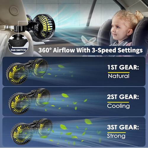 XOOL Car Fan for Backseat Kids, Dual Head USB Car Cooling Fans - 3 Speeds 360° Rotatable Rear Headrest Fans, 5V/2A Powerful Electric Air Circulation Fan for Vehicles SUV RV by XOOL - Used condition - Image 5