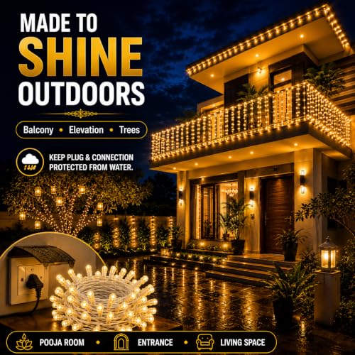 Image of Gesto 45 Meter LED String Lights - Warm White 8mm Big Led Fairy Lights for Decoration | 360 Glow Waterproof Copper Wire Lights for Home Decor Balcony Outdoor Christmas & Diwali Decoration- Pack of 10