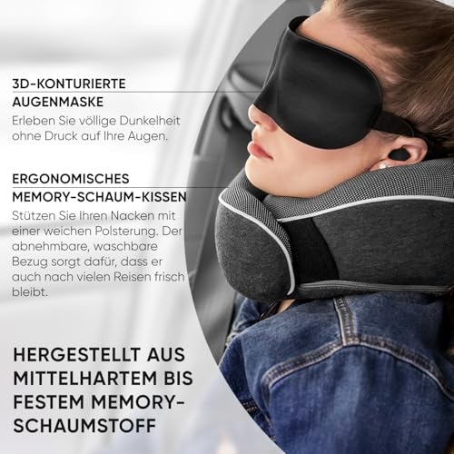 Proglobe Nackenkissen Flugzeug, Reisekissen 100% Memory Foam, Orthopädisches Nackenhörnchen, Für Reisen mit Flugzeug, Auto, Zug, Mit 3D-Schlafmaske, Hochwertige Netztasche (Dunkelgrau) 4