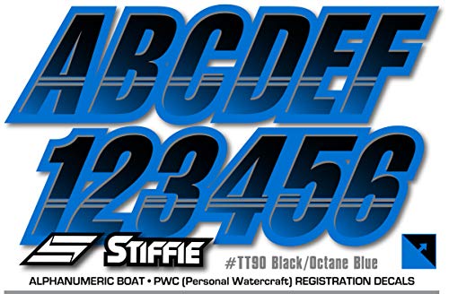 Image of STIFFIE Techtron Black /Octane Blue 3 inch Boat & PWC Registration Decals • Numbers Letters Stickers
