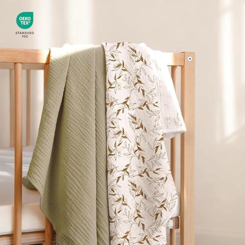 Image of lulumoon Muslin Swaddle Blankets for Baby: Cotton & Soft Receiving Blanket for Newborn with Branche Printed- Neutral Gift for Baby Shower 2pack(Olive Branche)