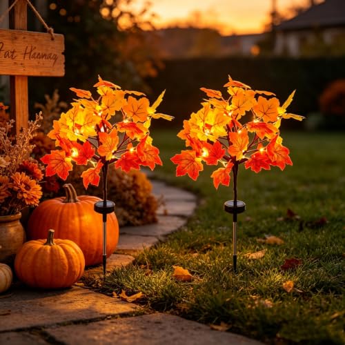 Maple Leaves Solar Lights Outdoor Waterproof, Solar Fall Lights 2 Pack - image 1