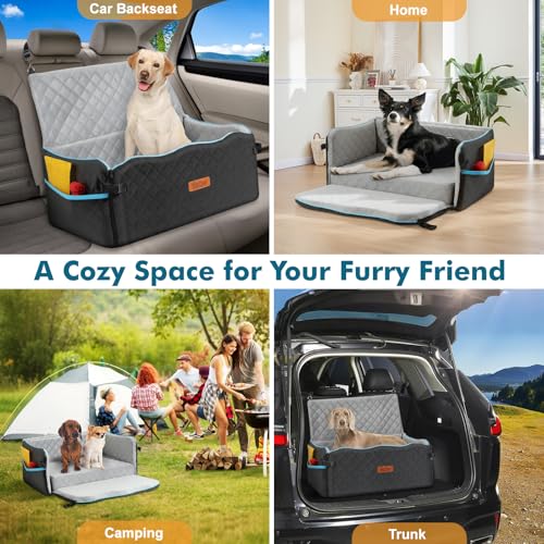 Tivray Hundesitz für Auto, Hundebett für große Hunde bis 27 kg oder 2 kleine Hunde, komfortabler Autositz mit Memory-Foam-Polster, abnehmbar & waschbar, Rückbanksitz für Haustiere, Schwarz+Grau