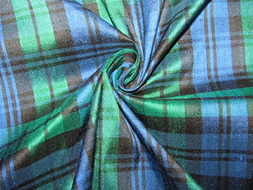 Tissu de soie Dupion 100 % soie à carreaux écossais vert et bleu largeur 137 cm