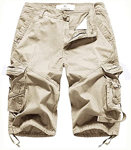 FOURSTEEDS Women's Casual Loose Fit Multi-Pockets Camouflage Twill Bermuda Cargo Shorts with Belt US 16 Khaki
