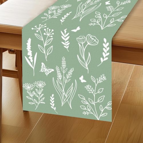 WADORN Tischläufer Mit Schmetterlings, 33x183cm Grüne Salbeiblätter Tischläufer Aus Leinen Mit Grünen Pflanzen Dekor Für Küche Esstisch Frühling Sommer Saisonal Bauernhaus Für Zuhause Küche Urlaub