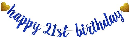 SUNbetterland - Cartel de feliz cumpleaños número 21 con purpurina azul, preencordado, decoración de fiesta de cumpleaños de niño y hombre