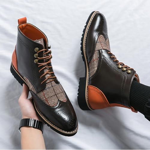 Mens Chukka Boots Pointed Toe Brogue Patchwork Ankle Boots Lace Up Casual PU Leather Shoes for Men2