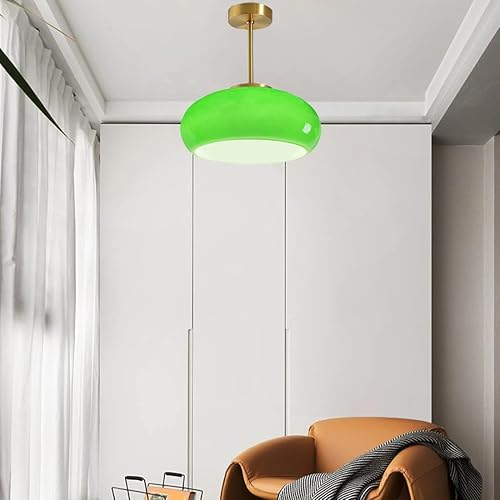 Miniatura 9 de Lámpara de techo de cristal moderna de montaje semiempotrado con pantalla de cristal de cúpula verde de mediados de siglo, 1 luz dorada cerca de la