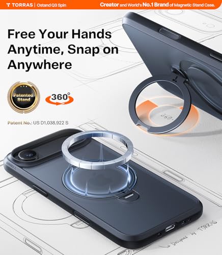 Image of TORRAS Q3 Spin for iPhone Air Case, 360 Magnetic Stand, Black | Compatible with MagSafe, Built-in Kickstand, Camera Control, 4X Military-Grade Shockproof Translucent Phone Case for 17 Air