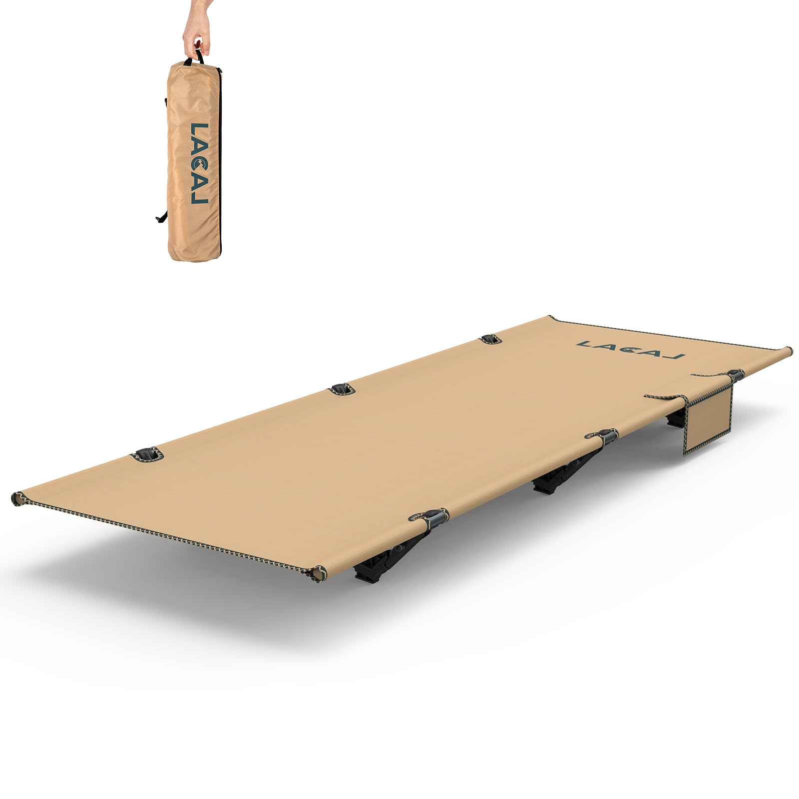 Foldable Camping Cot with Side Pocket, Durable Travel Tent Cot, Max Loading Capacity 264lb, Easy to use for Woman & Man, Comes with Storage Bag(Beige)