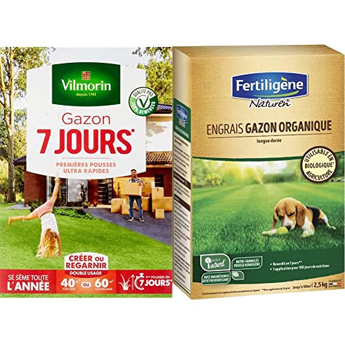 Vilmorin 4460714 Gazon 7 Jours, Vert, 1 kg & NATUREN Engrais Gazon Organique 100m² 2,5kg