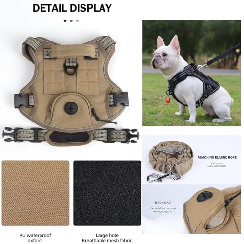 Tactical Dog Harness and Leash Set for Small Medium Large Dogs Reflective Pet Harness Waterproof Adjustable Dog Vest Handle Bag Night Easy Walk Hiking Training (Brown + Dog Leash, Small) - Image 6
