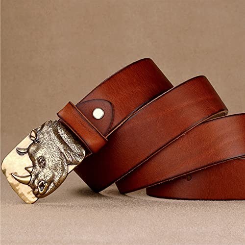 Western Cowboy Belts,Metal Brass Rhino Belt Buckle with Genuine Leather Belt Casual Jeans,Reddish Brown,125CM/49.2''2
