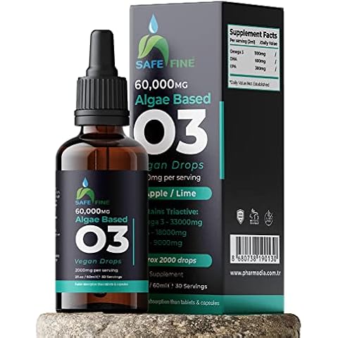 SafeFine Vitamin Omega 3 Drops - 2000mg per Serving - Algae Based - Vegan Drops - 60ml Bottle Cover