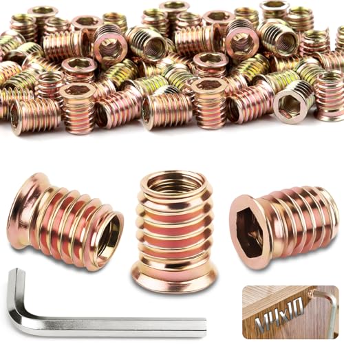 TXXATX 100 Piezas Insertos Roscados M4x10mm Tuercas para Madera con Llaves Allen para Paneles Compuestos de Madera Contrachapada de Pino Muebles