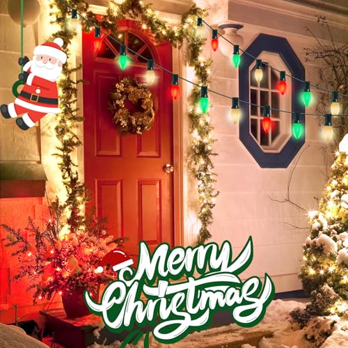 Image of C9 Red White and Green Christmas Lights Outdoor, 25Ft Vintage Christmas String Lights with 26 Multicolor Ceramic Bulbs, Hanging Christmas Decorations Lights Waterproof for Holidays Roofline Party