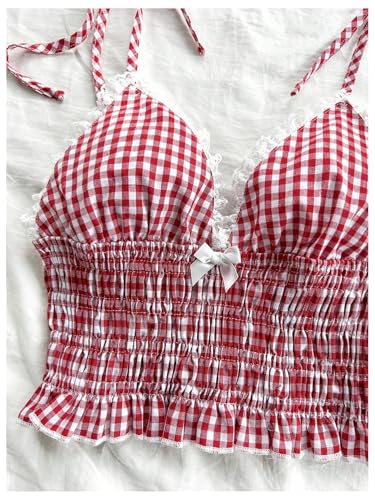 WDIRARA Women's Gingham Cami Crop Tops Plaid Contrast Lace V Neck Camisole Tops4
