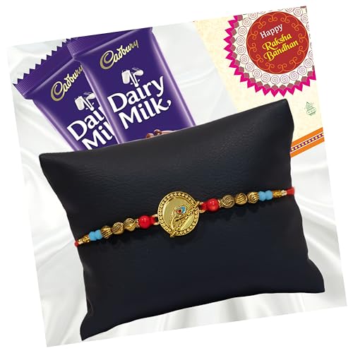 Image of Canton Rakhi Gift for Brother with Chocolate - Designer Rakhi for Brother with Cadbury Gift Hamper Pack, Roli Kumkum & Greeting Card (Design-14, 1 Rakhi + Cadbury)