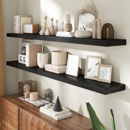 Image of 72 Inch Floating Shelves for Wall, 8 Inch Deep Floating Shelf for Storage & Display, Rustic Wall Mounted Shelf with Invisible Brackets for Living Room, Kitchen, Bathroom, Home Decor, Set of 2, Black