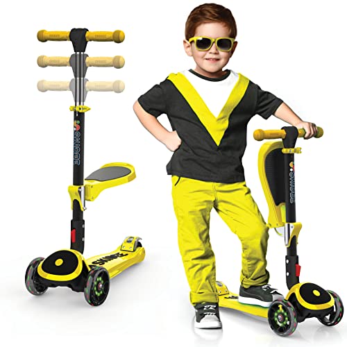 SKIDEE Kick Scooters for Kids Ages 3-5(Suitable for 2-12 Year Old)Adjustable Height Foldable Scooter Removable Seat,3 LED Light Wheels,Rear Brake,Wide Standing Board,Outdoor Activities for Boys/Girls