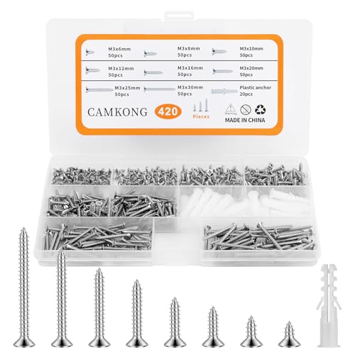 Wood Screws Kit,8 Size 420PCS M3 Stainless Steel Flat Head Phillips Drive Self Tapping Screws & M6 Screw Anchors Assortment