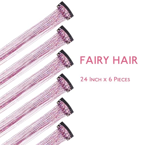 Image of WENNALIFE Hair Tinsel Clip In Hair Tinsel for Girls Pink, 6pcs 24 inch Clips Tinsel Hair Extensions Clip in Colorful Glitter Clips Sparkle Fairy Hair Accessories for Kids