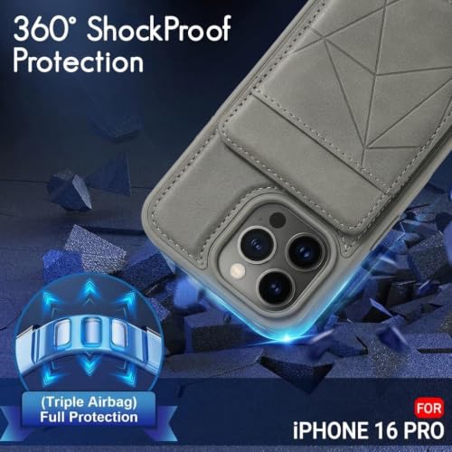 Image of amazon basics Premium Vegan Leather Back Cover with Card Holder and Integrated Mobile Stand for iPhone 16 Pro - Slim Shockproof Wallet Case with Geometric Stitching [Gray]