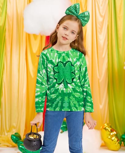 Image of Unisex Kids St. Patrick's Tie Dye Irish Clover Long Sleeve Shirt Shamrock Green Sweatshirt 6-14 Years