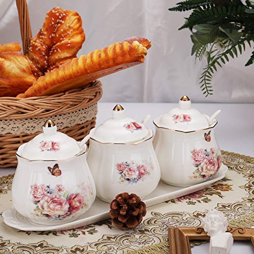 Fanquare Sugar Bowl,Flower Cermica Sugar Bowl With Lid,Spoon And Tray,Coffee Sugar Tea Canister Set,Seasoning Box Salt Bowl,Set Of 3 #TOP5
