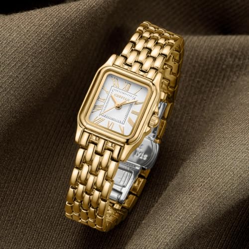 Image of CHEETAH Gold Watches for Women with Small Vintage Bracelet, Rectangular Case Roman Dial