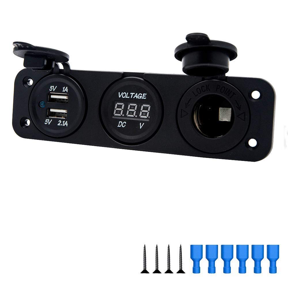 Riloer 4 en 1 panneau étanche multifonction double chargeur de prise USB 2.1A et 2.1A + voltmètre LED + prise de courant 12V + interrupteur marche-arrêt SANWANitch bateau marin (bleu) -3 trous-bleu