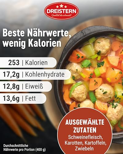 DREISTERN Möhreneintopf 800g I Mit Fleischbällchen & Gemüse I Herzhafter Eintopf in recyclebarer Konservendose I Lange Haltbarkeit dank natürlicher Konservierung I Hausmacher Qualität