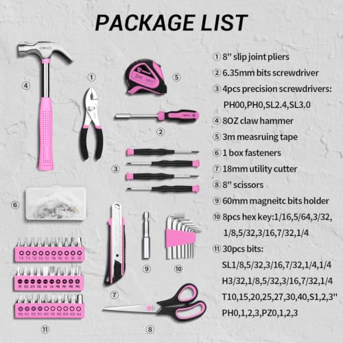 DEKOPRO 50 Piece General Household Hand Tool Kit with Plastic Toolbox Storage Case, All Purpose Home Tool Kit Includes Essential Tools for Office College Repairs - Pink by DEKOPRO - Used condition - Image 3