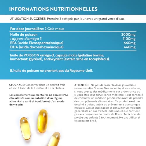 Omega 3 Huile de Poissons Sauvages 2000mg - 240 Gélules (120 Jours) - Haute Concentration en EPA (660mg) & DHA (440mg) Soutien Fonction Cardiaque et une Vision Normale - Fabriqué par Nutravita – Image 5