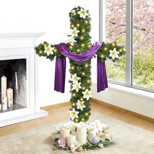 59 Inch Extra Large Cross Tree Jesus Christ Catholic Crafted He is Risen Standing Cross Tree with String Lights Purple Scarf Crown of Thorns Lily Flowers for Party Wedding Christian Communion Church