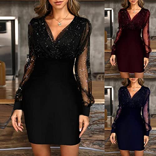 Cocktail Dresses For Women,Retro Elegant Wrap V Neck Long Sleeve Lantern Slim Fit Mesh Sequins Mini Dress,Business Pencil Skirt,Sexy Bodycon Formal Party Dresses(Purple,X-Large) #TOP2